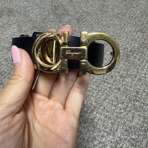 Salvatore Ferragamo Black Leather Belt with Gold Double Gancini Buckle